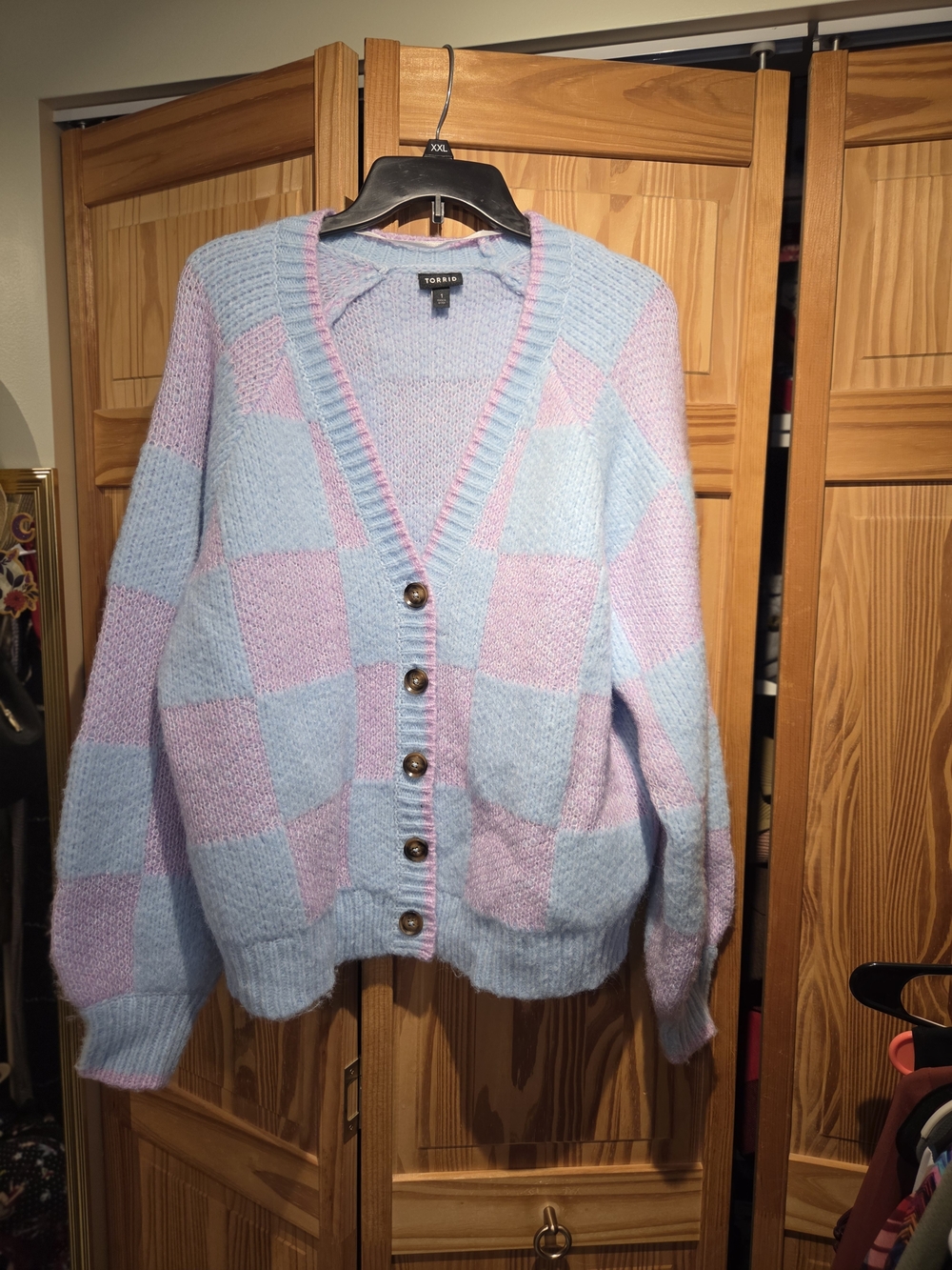 torrid Pastel Blue & Lavender Checkerboard Button Cardigan